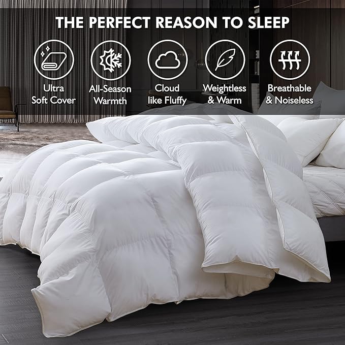 Luxurious Oversize California King 108" x 98" Size Goose Down Fiber Waterfowl Feather Fiber Comforter Duvet, 100% Egyptian Cotton Cover, 68 oz. Fill Weight, Baffle Box Design, White Solid