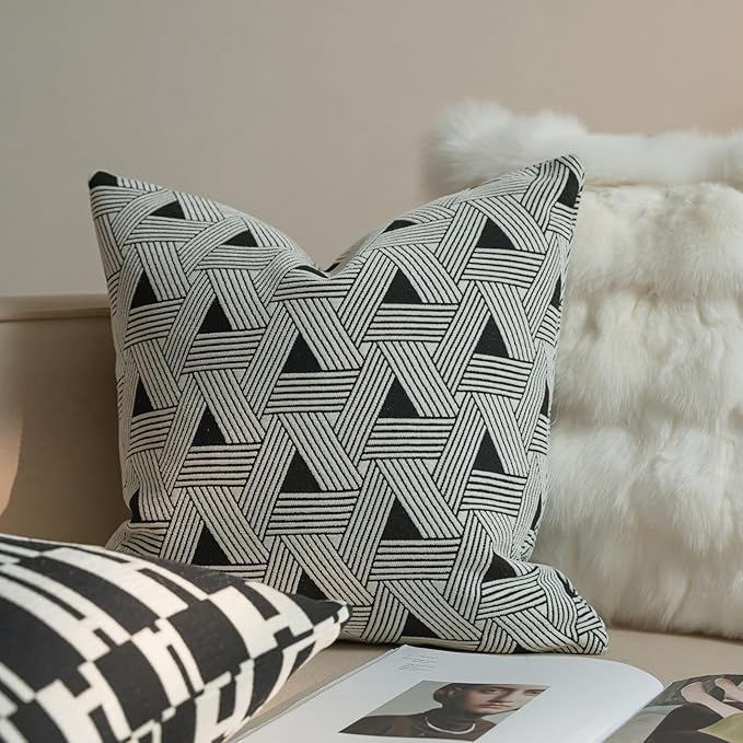 New 22x22'' inches Throw Pillow Cushion Covers - Triangle Black Color Chenille Jacquard Embroidery Luxury Modern Style Couch Sofa Bed Pillow Cover for Living Room Bedroom