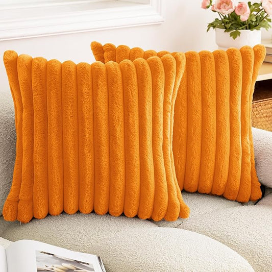 Double-Sided Faux Fur Plush Fall Throw Pillow Covers 16x16 Set of 2 Fuzzy Striped Soft Cozy Pillowcase Luxury Decorative Pillows Square Fluffy Cushion Covers for Couch Sofa Bed,Orange