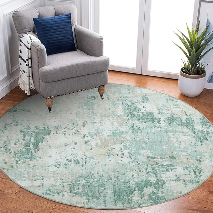 Modern Abstract 4x4 Round Area Rug Non Slip Non Shedding Rug Low Pile Stain Resistant for Bedroom Living Room Office Dining Room,Green