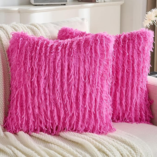 FUTEI Hot Pink Decorative Throw Pillow Covers 24x24 Inch Set of 2,Soft Fluffy Faux Feather Texture European Cushion Cases,Modern Home Luxury Decor for Couch Bed Living Room