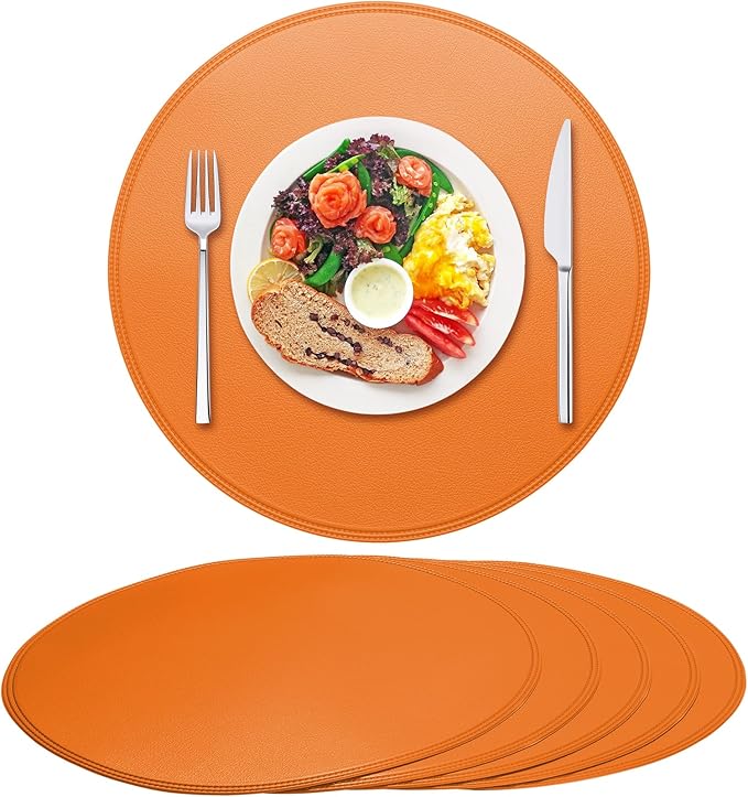 Round Vinyl Orange Placemats Set of 6, Faux Leather Waterproof Wipeable Heat Resistant Place Mats, Washable Table Mats for Halloween, Thanksgiving & Christmas Dinner(Orange)