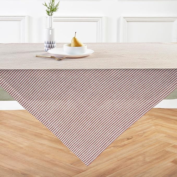 Solino Home Linen Square Tablecloth 52 x 52 Inch - Narrow Stripe, 100% Pure Linen Cinnamon and White Table Throw - Machine Washable Tablecloth for Fall, Autumn, Thanksgiving