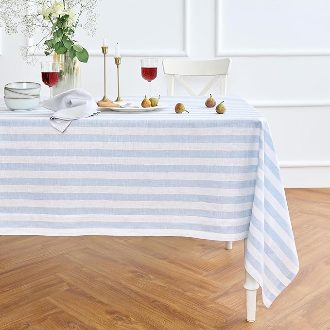 Solino Home Linen Square Tablecloth 52 x 52 Inch - Sorrento Stripe, 100% Pure Linen Blue and White Table Throw - Machine Washable Tablecloth