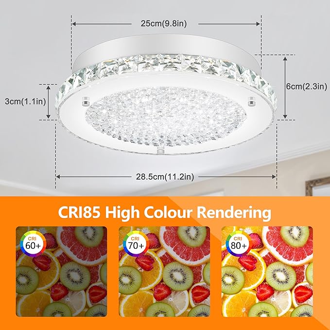 Crystal Ceiling Light Fixture 3000/4000/5000K Flush Mount Crystal Chandelier Modern Dimmable LED Kitchen Light Fixture for Bathroom Hallway Porch Laundry Room Cloakroom Office 11"