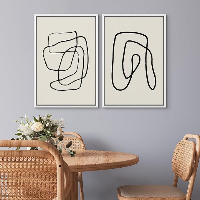 SIGNWIN Framed Wall Art Print Set Black Lines Over Tan Plain Background Abstract Swirly Cozy Neutral Modern Art Mid-Century Modern Expressive for Living Room, Bedroom, Office - 16"x24"x2 White