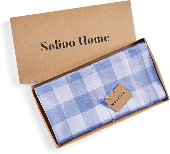 Solino Home Linen Square Tablecloth 52 x 52 Inch - 100% Pure Linen Hydrangea Blue Buffalo Check Tablecloth - Machine Washable Table Throw