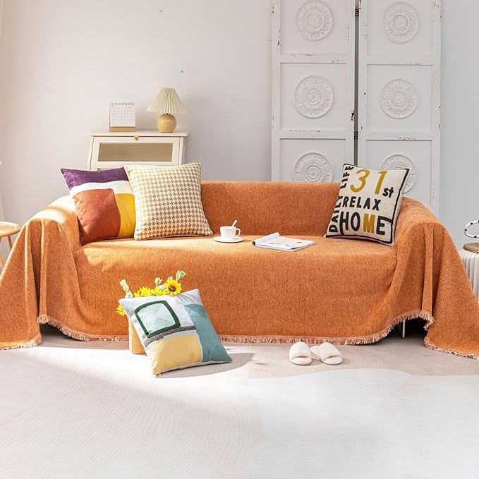 VClife Modern Orange Couch Cover, Large Chenille Sofa Cover for L Shape Couch, Breathable Washable Couch Cover for 2 Cushion Couch Sofa, Living Room Furniture Protector for Kids 71"x 118"