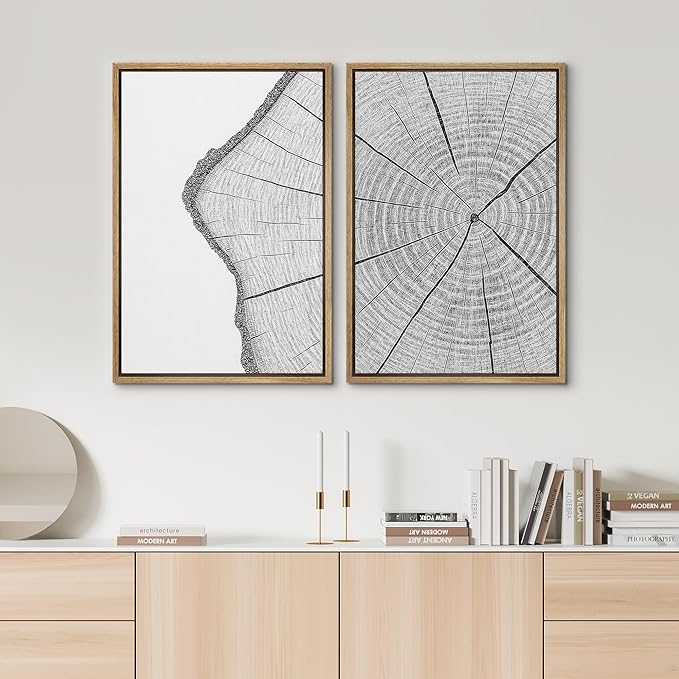 SIGNWIN Framed Canvas Print Wall Art Set Wood Grain Cross Section Minimalist Tree Ring Line Zen Bohemian for Living Room, Bedroom, Office - 16"x24"x2 NATURAL