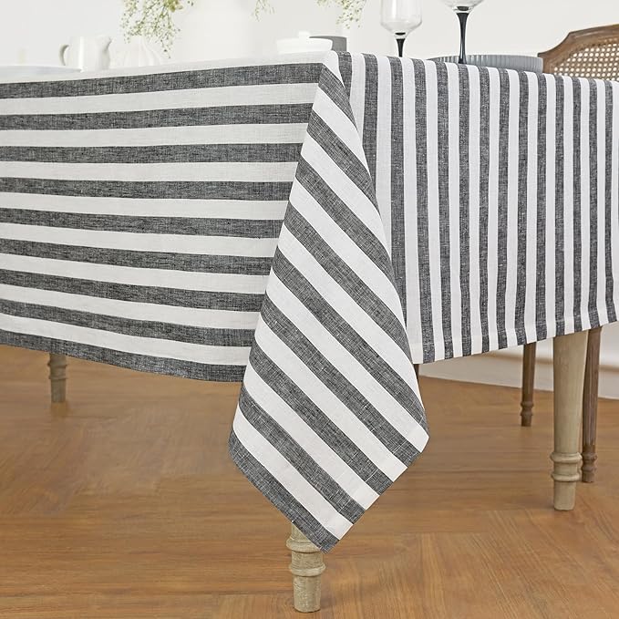 Solino Home Linen Striped Tablecloth 60 x 120 Inch - 100% Pure Linen Black and White Table Cloth for Rectangle Tables - Sorrento Stripe, Machine Washable Tablecloth for Fall, Autumn