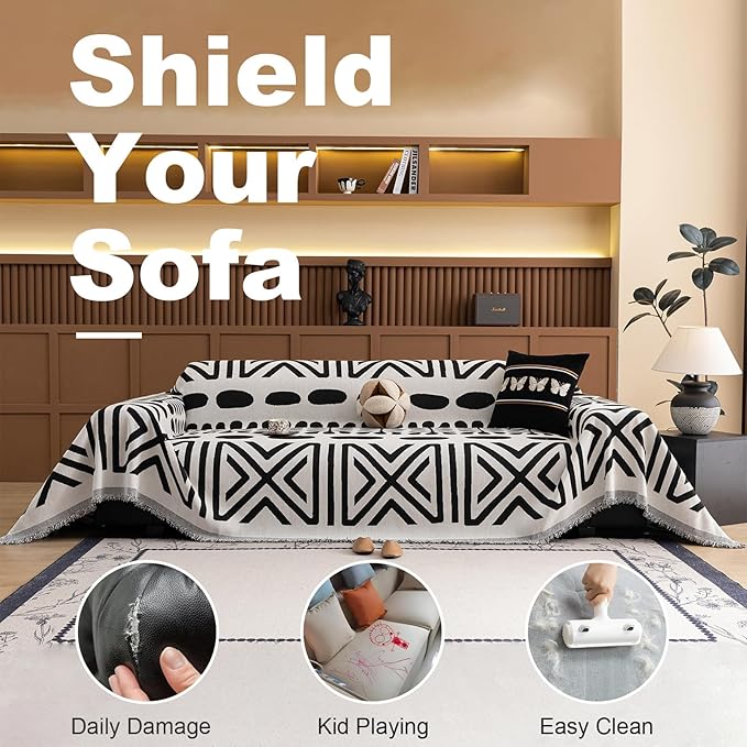 VClife Boho Couch Cover Soft Chenille Sofa Cover for Sofa Bed, 1 Piece XXL Couch Covers for 3 Cushion Couch Sofa Washable Black White Jacquard Pattern Sofa Protector for Living Room 71''x150''