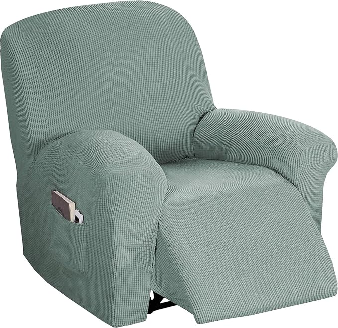 Flamingo P Stretch Recliner Chair Cover Recliner Cover for Electric/Manual Style | Furniture Cover for Reclining with Side Pocket, Soft Checked Jacquard Fabric Form Fitted Standard/Oversized - Sage