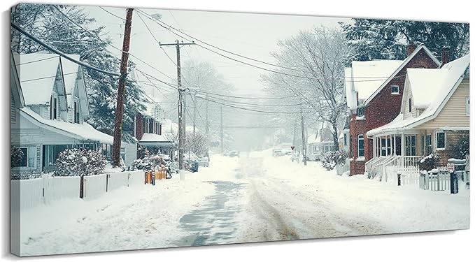 GUTTATY Christmas Winter Scene Canvas Wall Art, Snowy Neighborhood Pictures, Home Canvas Artwork, Subtle Poster Print, Cozy Wall Decor for Living Room, Bedroom, Holiday Hanging Artwork, 32x16 Inch