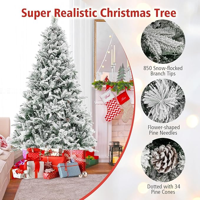 HAPPYGRILL 6 FT Pre-lit Artificial Christmas Tree, Snow-Flocked Xmas Tree with 240 Multi-Color LED Lights, 8 Lighting Modes, 850 Branch Tips, Pine Needles, Hinged Tree for Home Office Party