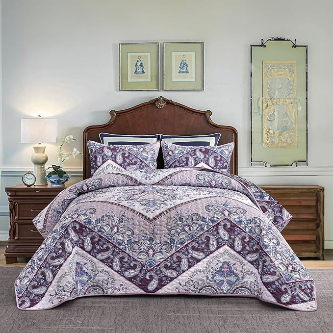 DURLENGEN Purple Quilt Set King Size 3Pcs, Purple & Pink Paisley Styling Bedspread, All Season Lightweight Coverlet Sets(King 106x96, Purple Paisley)