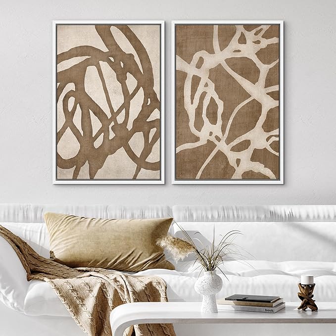 SIGNWIN Framed Canvas Print Wall Art Set Natural Flow Abstract Earth Tone Organic Shapes Cozy Neutral Minimal Decorative Nordic Zen Bohemian for Living Room, Bedroom, Office - 24"x36"x2 White