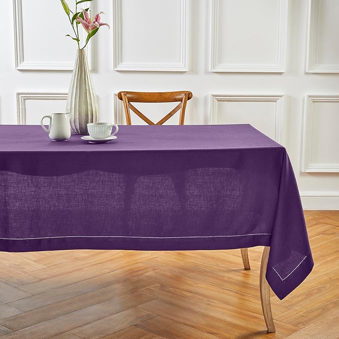 Solino Home Linen Tablecloth for Rectangle Tables 60 x 120 Inch - Classic Hemstitch 100% Pure Linen Purple Table Cloth - Machine Washable Cloth Tablecloth for Fall, Autumn, Thanksgiving
