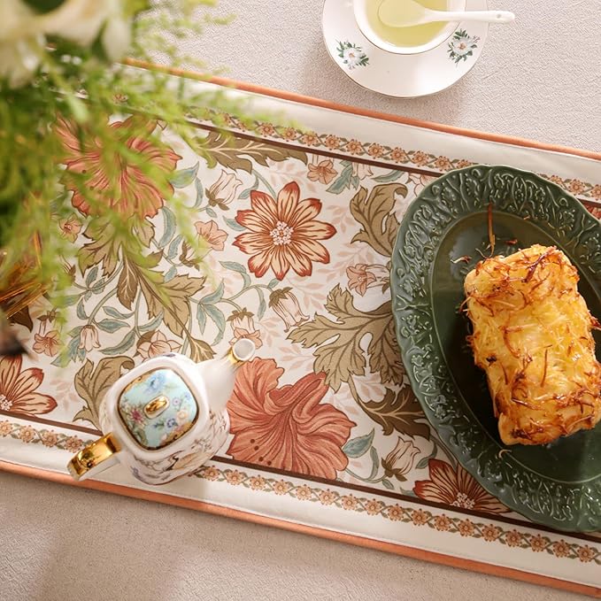 Velvet Fabric Cloth Runner for Table,Rustic Orange Floral 63 Inches Long Table Runners,Decoration Tabletop for Kitchen,Dining Room,Banquet,Thanksgiving,New Year,Holiday,12"*63"