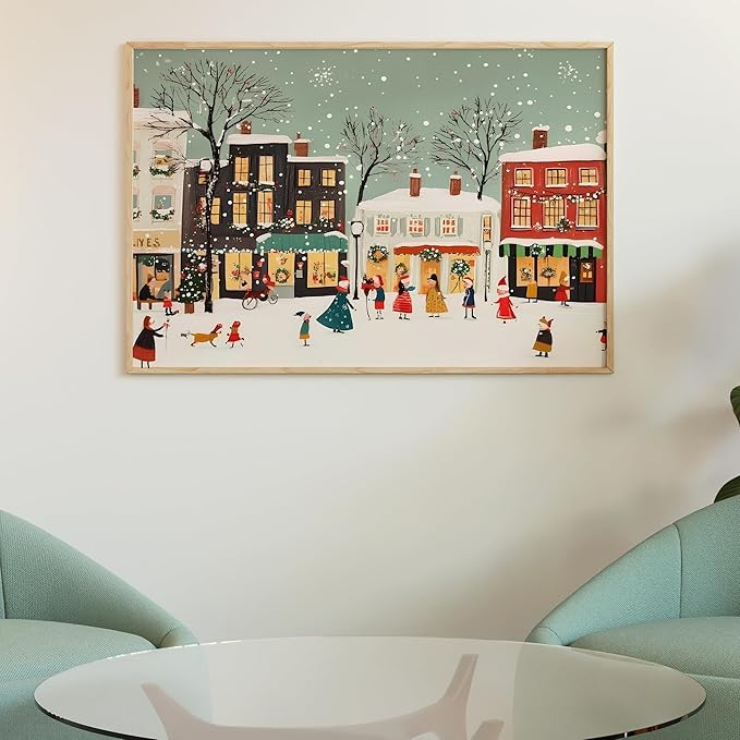 OZCONO Retro Christmas Village Art, Festive Winter Town Decor, Cheerful Holiday Home Accent, Snow Noel Print, Charming Seasonal Wall Artwork for Cozy Interior Style (Unframed) (9x11)