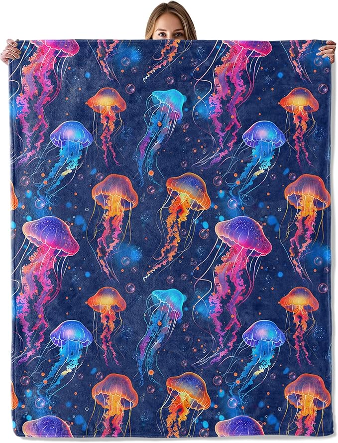 Dream Jellyfish Throw Blanket for Women Girls Kids, 50x60 in, Cozy Soft Warm Fleece Elegant Ocean Animal Blankets Gifts for Couch, Camping, Hiking Home Cabin Dorm Farmhouse Decor