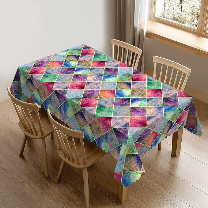 Watercolor Argyle Plaid Table Cloth for Dining Tables,Reusable Abstract Plaid Tablecloths Decoration Kitchen Colorful Rhombus Rectangle Table Cover for Holiday,Party,Picnic,54x72In