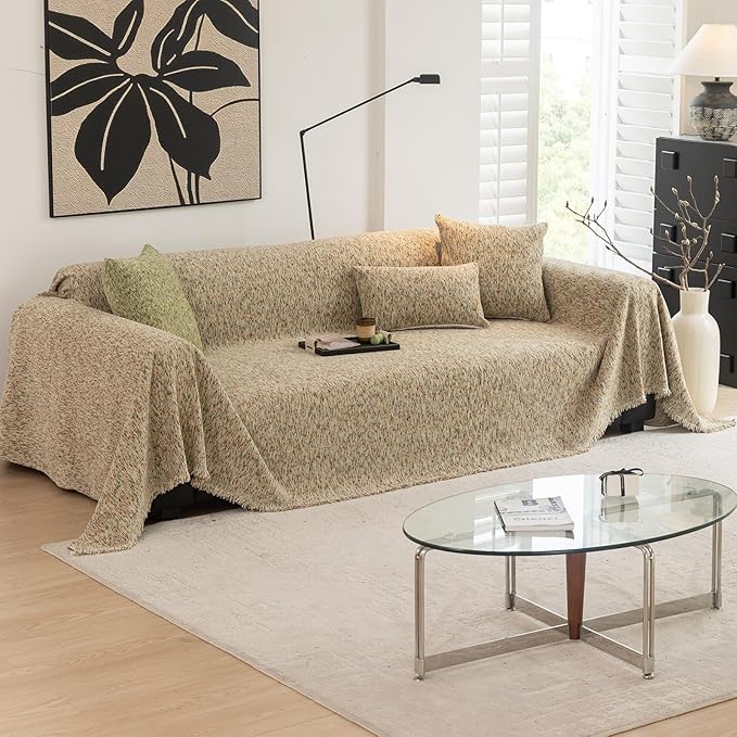 DREAMINGO Thickened Chenille Couch Cover 71x150 Inch Washable 3-Seater Sofa Covers Living Room Sectional Couch Slipcovers Modern Furniture Protector with Tassel, Beige