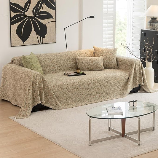 DREAMINGO Thickened Chenille Couch Cover 71x134 Inch Washable 3-Seater Sofa Covers Living Room Sectional Couch Slipcovers Modern Furniture Protector with Tassel, Beige