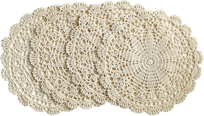 PHANTOMON Crochet Doilies Handmade Round Cotton Lace Table Placemats Knitted Tablecloth, Star Pattern Rippled Edge, Pack of 4 (10 Inch, Beige)