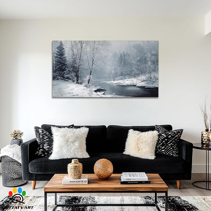 GUTTATY Christmas Winter Scene Canvas Wall Art, Snowy River Landscape Canvas Prints, Frosted Forest Picture Wall Decor Artwork for Living Room, Bedroom, Holiday Season Decoration, 32x16 Inch