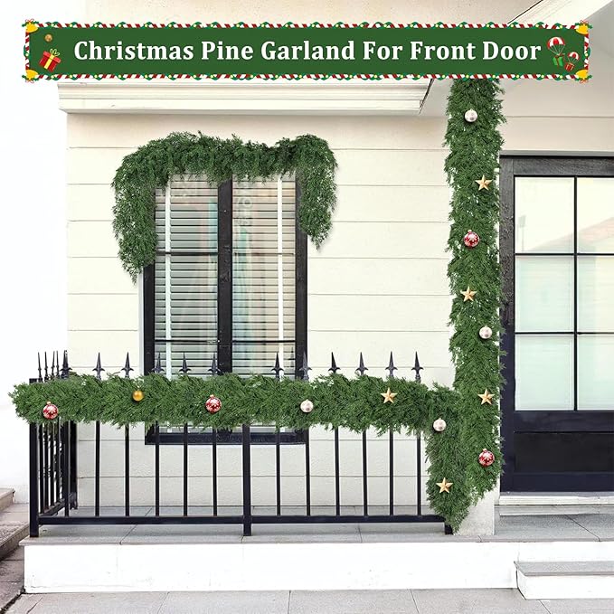 16ft Christmas Cedar Garland, Real Touch Pine Garland, Realistic Cypress Garlands Christmas Decorations for Mantel, Table, Stairs, Porch - Indoor Outdoor Xmas Holiday Decor
