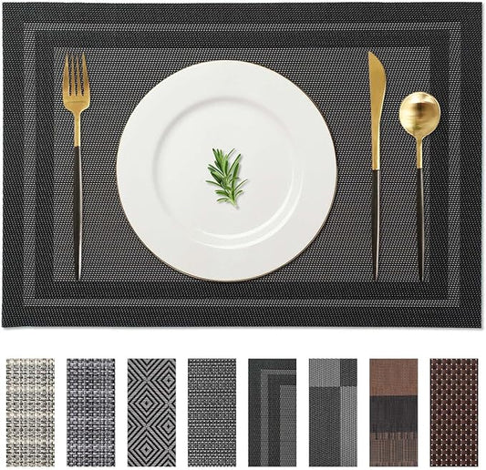 AHHFSMEI Placemats for Dining Table Set of 4 Woven Vinyl Plastic Place Mats Non-Slip Heat Insulation Stain Resistant Table Mats Washable Easy Clean Placemats (Black Frame 4)