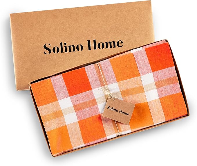 Solino Home Linen Plaid Square Tablecloth 52 x 52 Inch - 100% Pure Linen Pumpkin Table Throw - Autumn, Thanksgiving, Holiday, Fall Buffalo Check Machine Washable Table Cloth