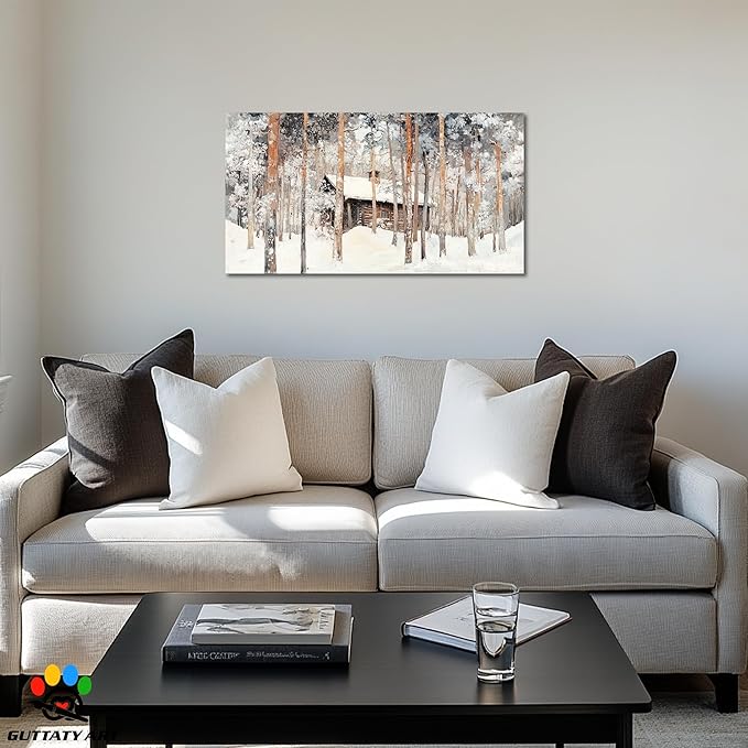 GUTTATY Winter Christmas Cabin Canvas Wall Art, Snow Forest Canvas Painting, Rustic Winter Scene Wall Decor, Textured Canvas Prints Pictures, Holiday Poster for Living Room, Bedroom, 16x8 Inch