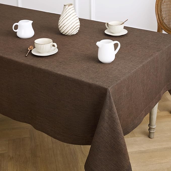 Solino Home Linen Tablecloth 60 x 108 Inch - 100% Pure Linen Chambray Brown Table Cloth for Rectangle Tables - Athena, Machine Washable Tablecloth for Fall, Autumn, Thanksgiving