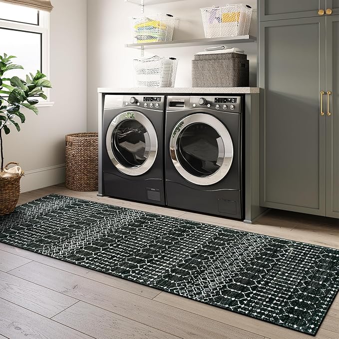 Lahome Moroccan Black Washable Runner - 2x5 Non-Slip Lightweight Laundry Room Rug Throw Soft Long Bathroom Rug, Geometric Print Carpet Runners for Kitchen Hallway (Black, 2'x5'')