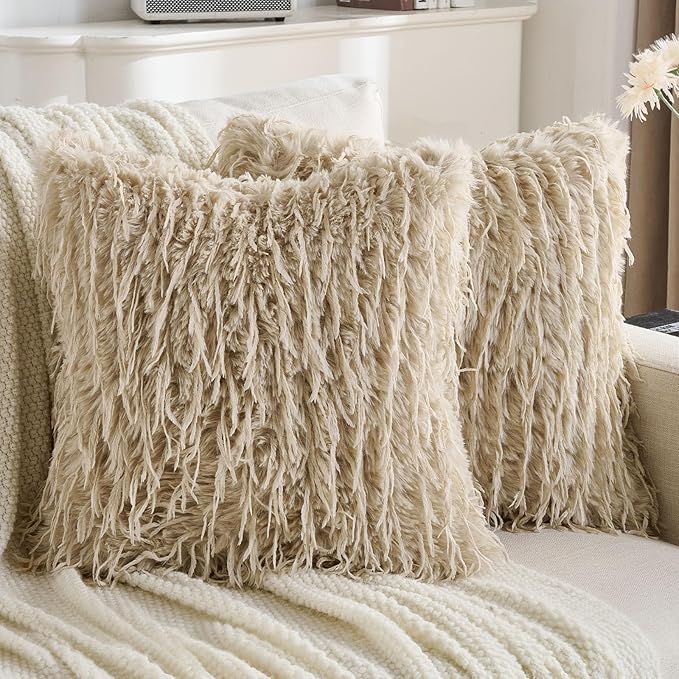 FUTEI Apricot Decorative Throw Pillow Covers 18x18 Inch Set of 2,Soft Fluffy Faux Feather Texture Cushion Cases,Modern Home Luxury Decor for Couch Bed Living Room