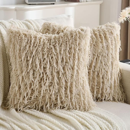 FUTEI Apricot Decorative Throw Pillow Covers 18x18 Inch Set of 2,Soft Fluffy Faux Feather Texture Cushion Cases,Modern Home Luxury Decor for Couch Bed Living Room