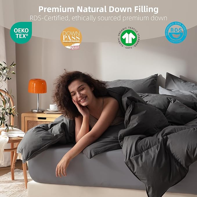 Goose Feather Down Comforter King Size,100% Organic Cotton Duvet Insert,All-Season Luxury Duvet Insert with Baffle Box Design, 750+Fill Power Hotel Collection Bedding Comforter