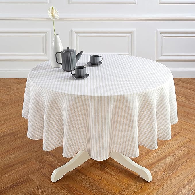 Solino Home Linen 60 Inch Round Tablecloth - Amalfi Stripe, 100% Pure Linen Natural and White Round Tablecloth - Machine Washable Table Cloth for Fall, Autumn, Thanksgiving, Christmas