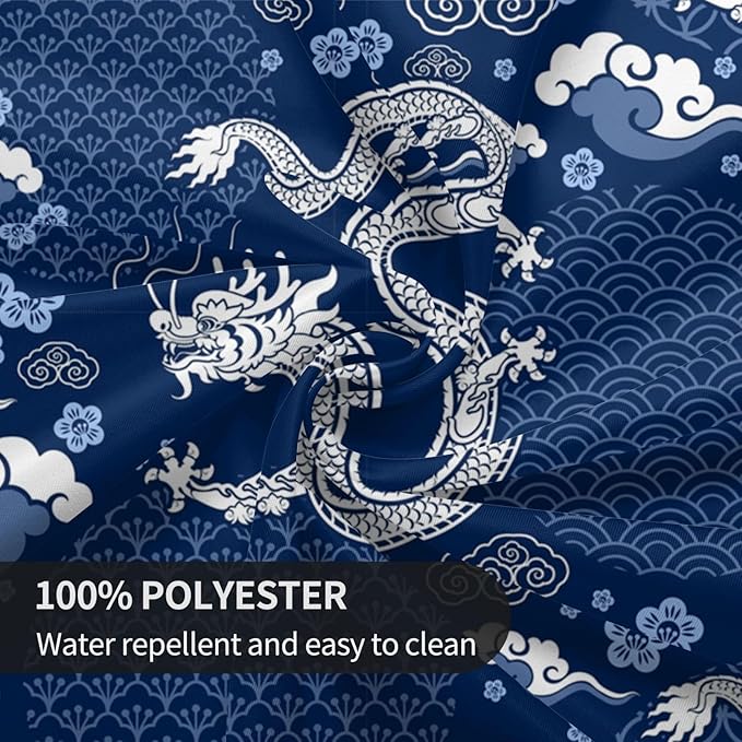 Japanese Tablecloth Round, Blue Traditional Zodiac Dragon Vintage Asian Style Oriental Water Resisitant Table Cover for Dining Kitchen Living Room Home Party Holiday Decor 70 inch Round