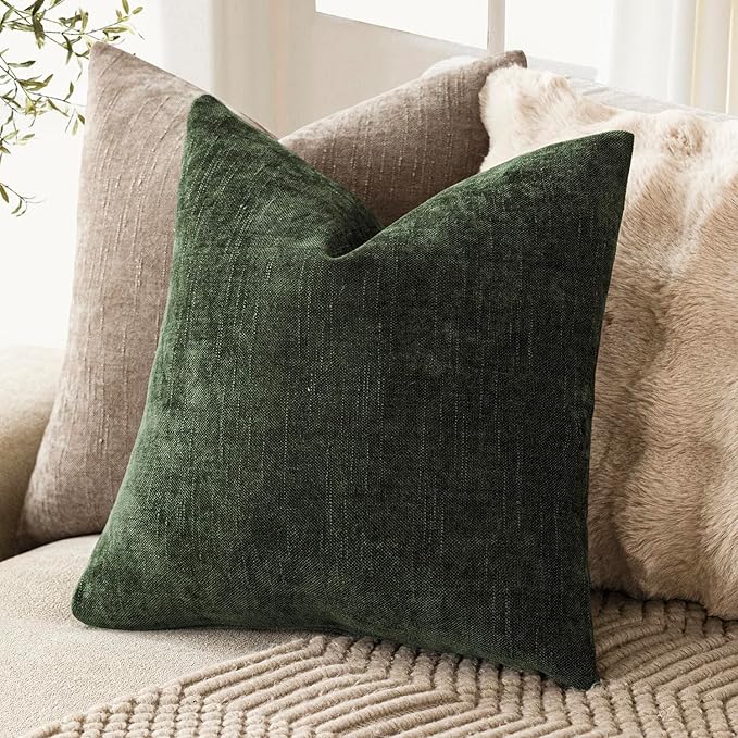 Foindtower Pack of 2 Soft Textured Chenille Throw Decorative Pillow Covers Square Accent Solid Cushion Cover Neutral Farmhouse Pillow Case for Couch Sofa Bedroom Living Room 20x20 Inch,Dark Green