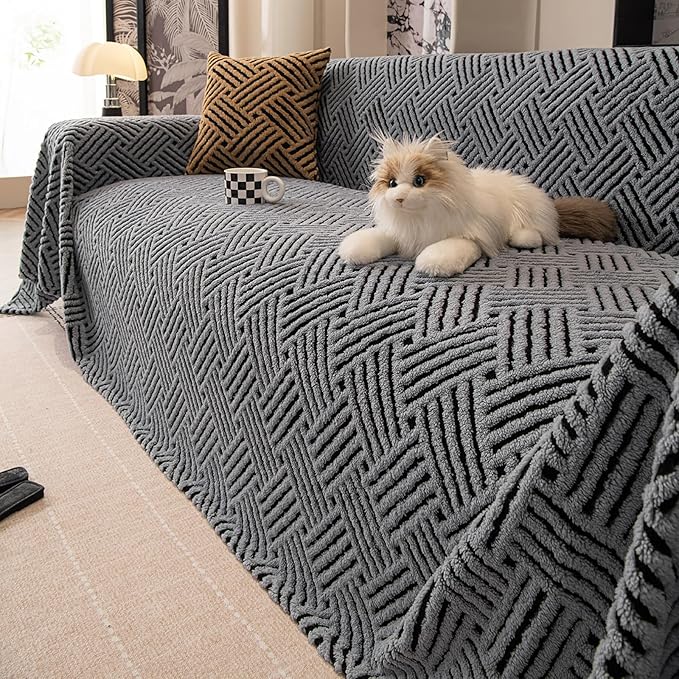 ROOMLIFE Striped Boho Blue Couch Cover for 2-3 Cushion Sofa, Fuzzy Plush Warm Sofa Slipcovers Sectional Sofas Covers, Non Slip Washable Furniture Protector Soft with Tassel,Winter 71''X134”