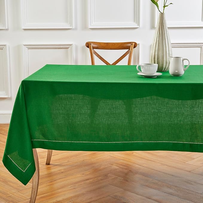 Solino Home Linen Tablecloth 52 x 52 Inch - 100% Pure Linen Garden Green Square Tablecloth - Classic Hemstitch, Machine Washable Table Throw for Christmas, Winter