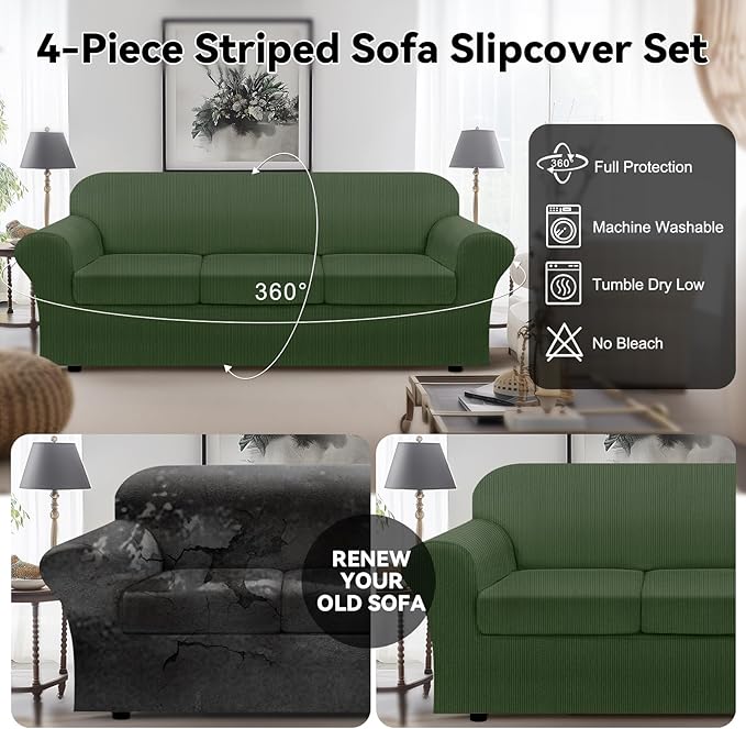 100% Waterproof Extra Large Couch Cover 4-Piece Set Striped Sofa Slipcovers for 3 Cushion Couch Covers with TPU Leakproof Bottom Stretch Protector Pet Proof - Sofa(3-Cushion), Military Green