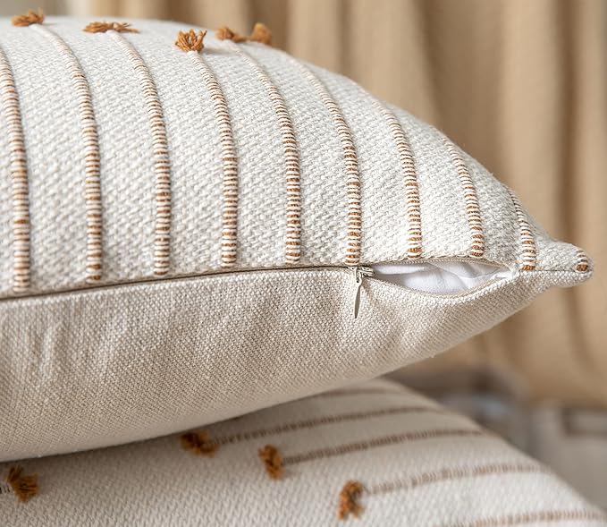 Caflife Boho Throw Pillow Covers 20x20 Set of 2 Decorative Pillows for Bed, Neutral Pillow Covers Beige with Brown Line Throw Pillows for Modern Farmhouse Couch Sofa Living Room Outdoor