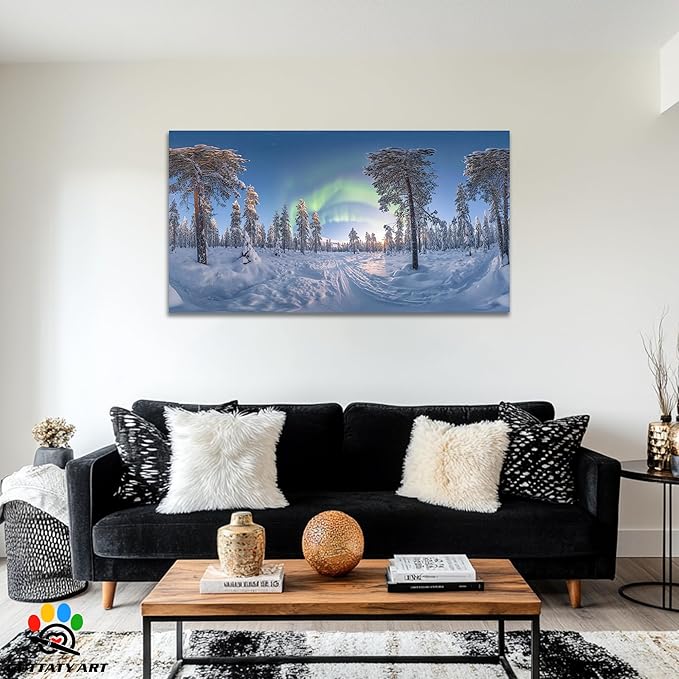 GUTTATY Christmas Winter Canvas Wall Art, Northern Lights Winter Scene Canvas Prints, Snowy Forest Landscape Poster Picture, Holiday Artwork for Living Room, Bedroom, Office, 60x30 Inch
