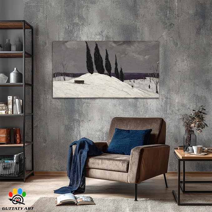 GUTTATY Christmas Winter Scene Canvas Wall Art, Snowy Landscape Canvas Pictures, Moody Cypress Trees Wall Paintings, Subtle Gray Poster Prints for Living Room Decor, Home Office Artwork, 32x16 Inch