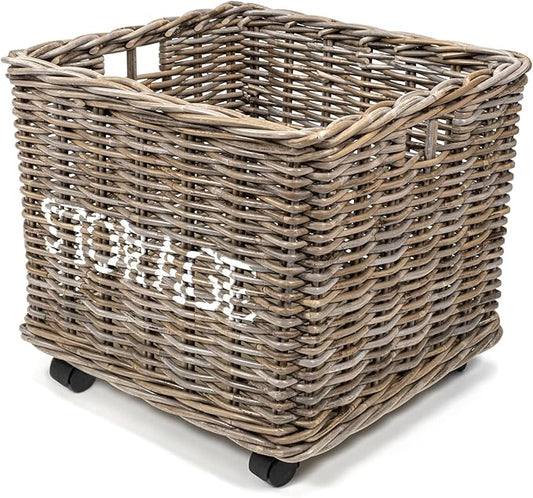 happimess BSK1001A Yael Coastal Hand-Woven "STORAGE" Rattan Basket with Wheels and Handles for Storage and Decoration in Bedroom, Living Room, Laundry Room, Entryway, Kubu Gray