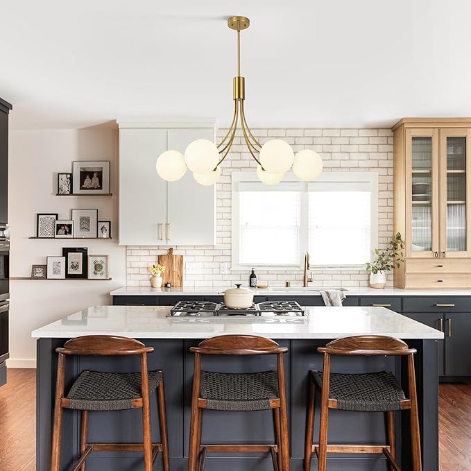 6-Light Modern Gold Sputnik Chandelier Mid Century Brushed Brass Light Fixture with Milk Glass Globes for High Ceiling Dining Room Kitchen Island Living Room