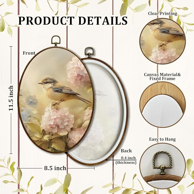 JQF Vintage Bird Hydrangea Oval Wall Art, Floral Rustic Cottagecore Pink Hydrangea Oval Canvas Wall Art, Retro Flower Bird Framed Prints Hanging Decor for Home Bedroom Living Room, 8.5x11.5 Inch